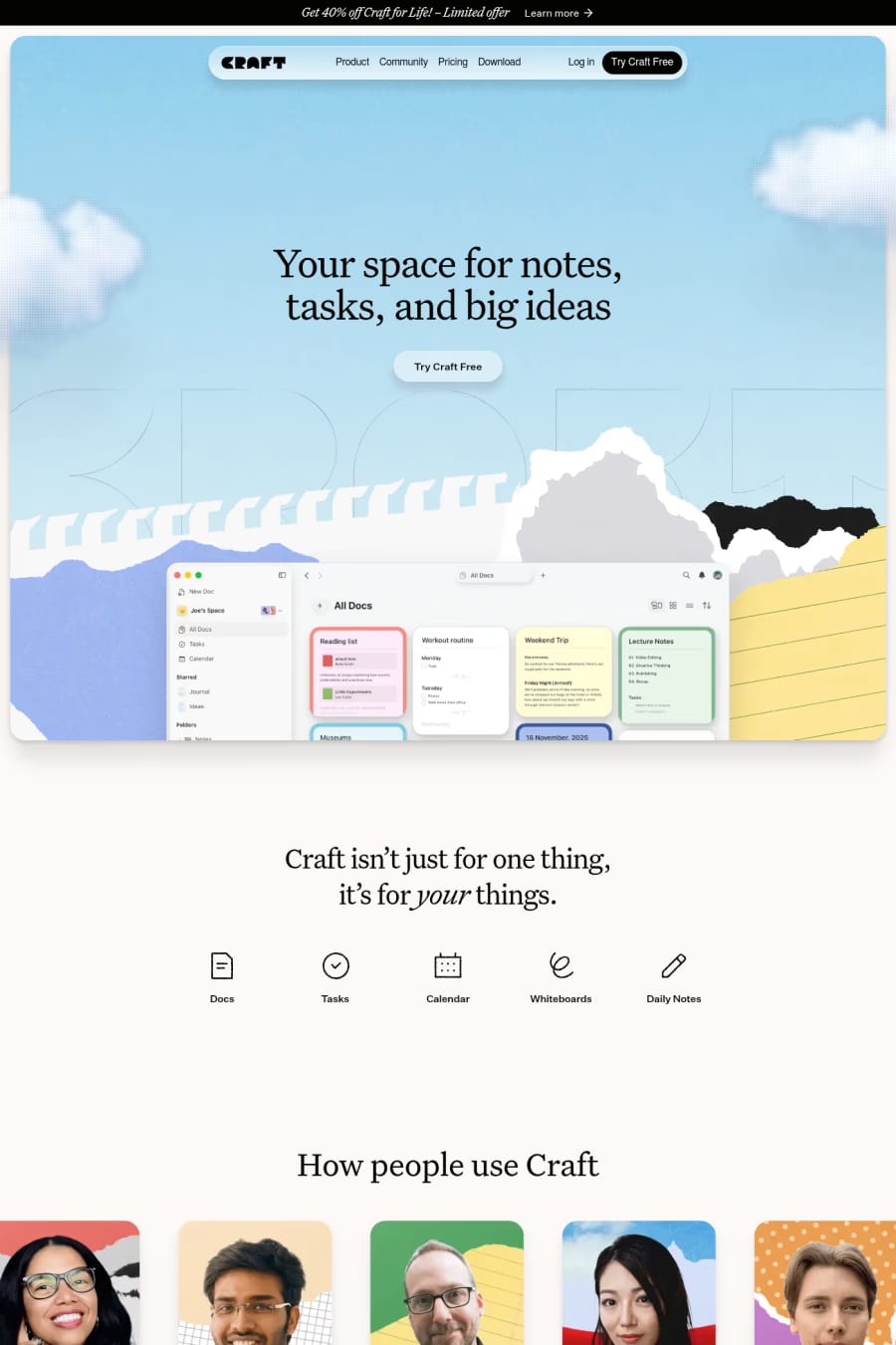 Craft — screenshot of a hand-drawn, 3D productivity landing page in light blue and light grey