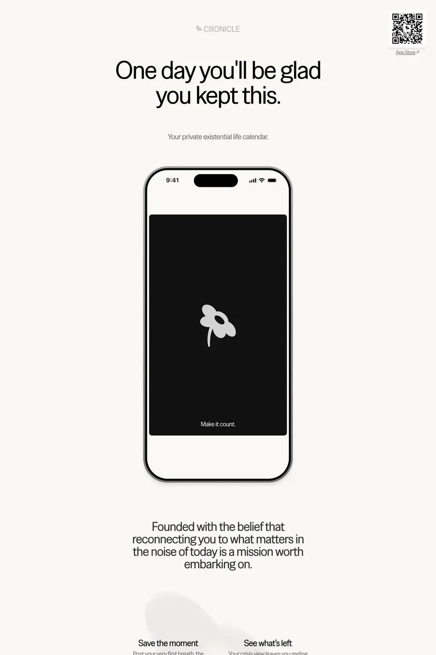 Cronicle — screenshot of a minimal, typographic writing landing page in black and white