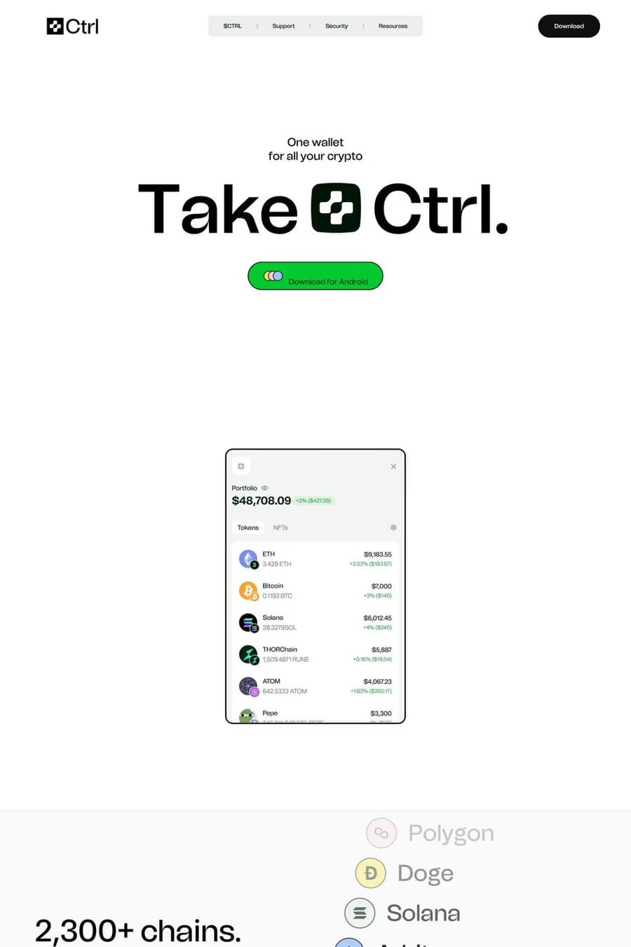 Ctrl — screenshot of a colourful, fun Web3 and crypto landing page in white and green