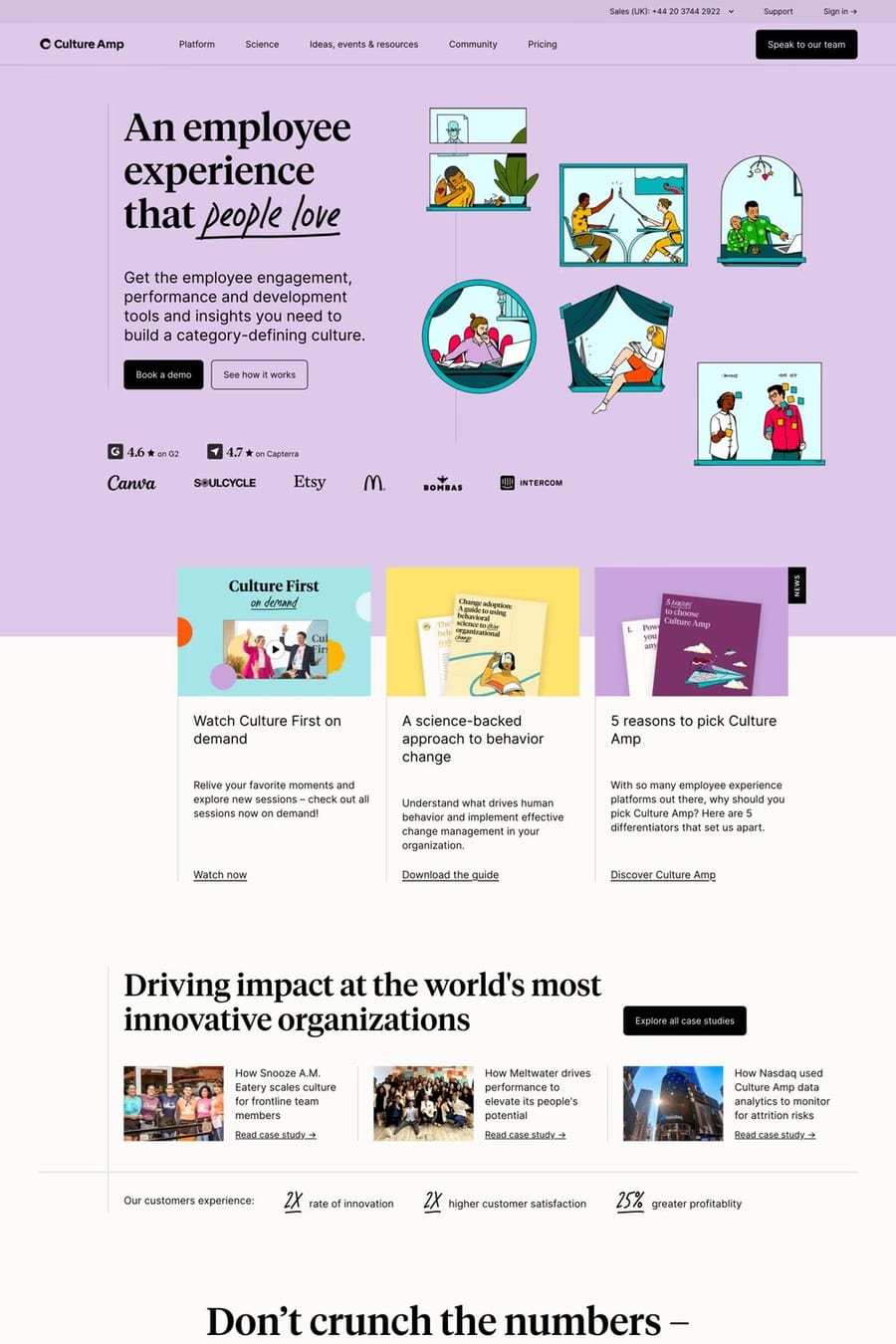 Culture Amp — screenshot of a pastel, hand-drawn human resources landing page in light purple
