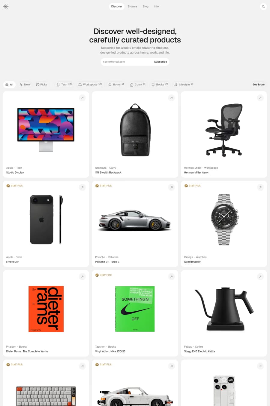 Curated Supply — screenshot of a minimal design directory site in white and light grey
