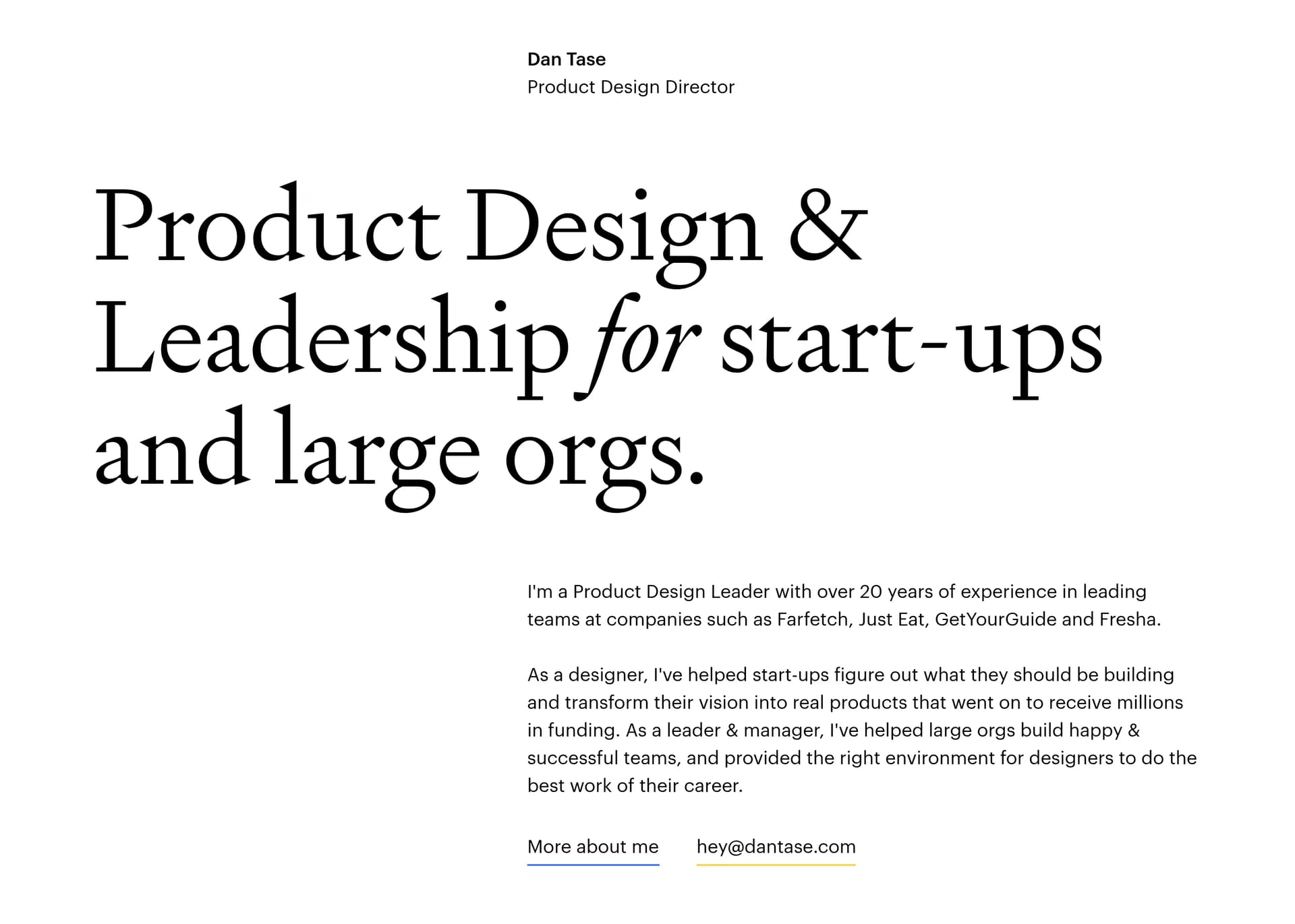 Dan Tase — screenshot of a minimal, clean design portfolio site in white and beige