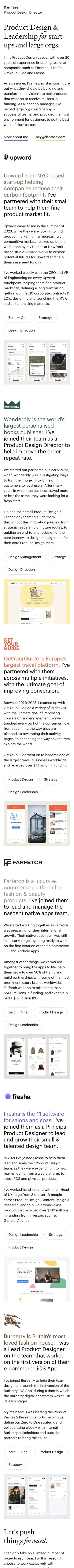 Dan Tase — mobile screenshot of a minimal, clean design portfolio site in white and beige