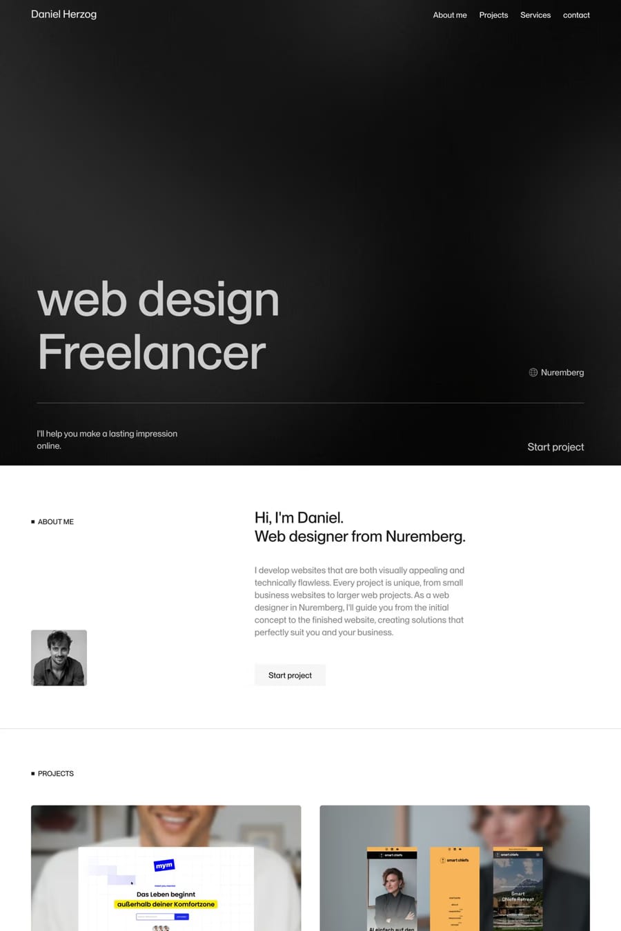 Daniel Herzog — screenshot of a black-and-white, minimal design portfolio site in white and black