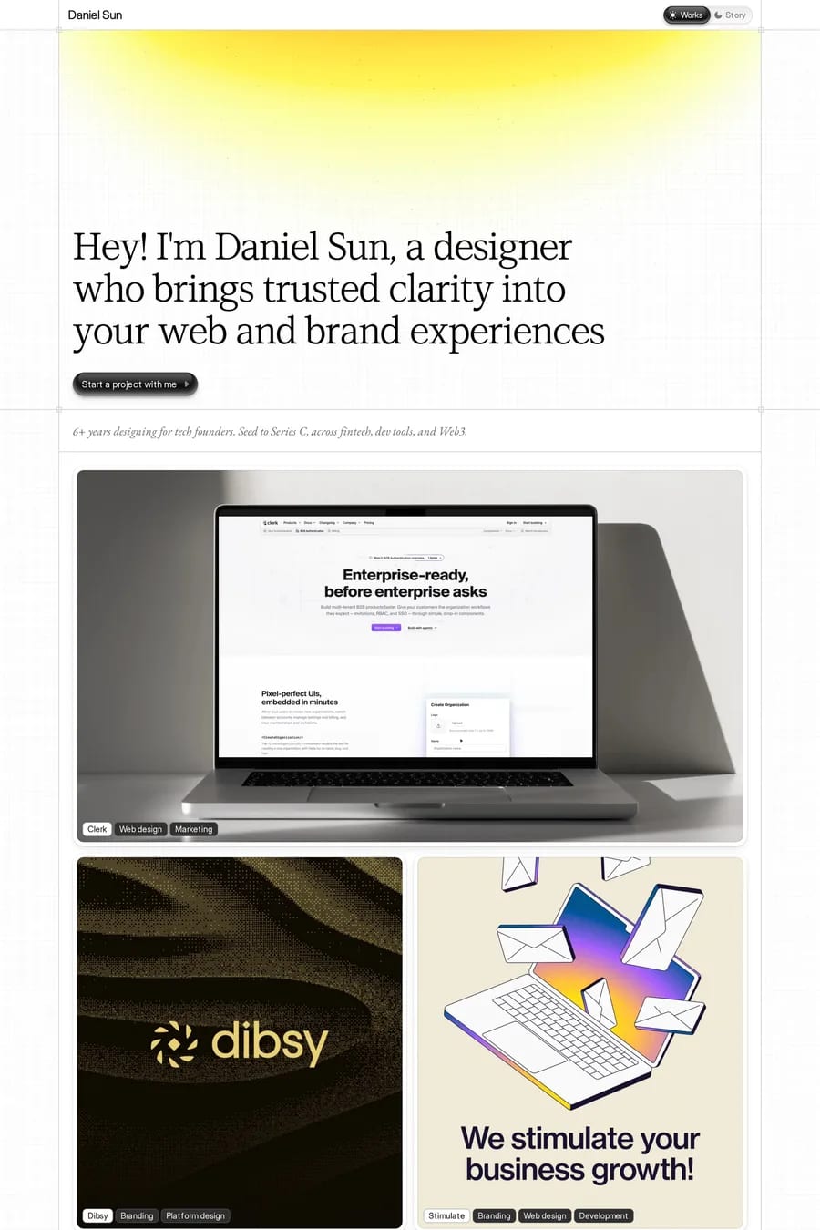Daniel Sun — screenshot of a typographic design portfolio site in white and yellow