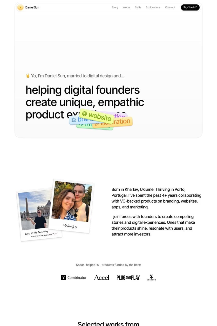 Daniel Sun — screenshot of a colourful, minimal design portfolio site in white and grey