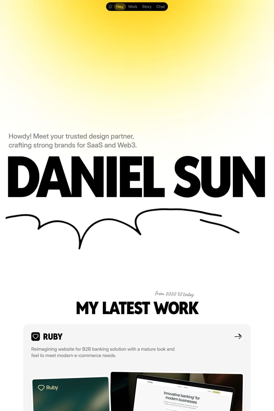 Daniel Sun — screenshot of a hand-drawn design portfolio site in yellow and white