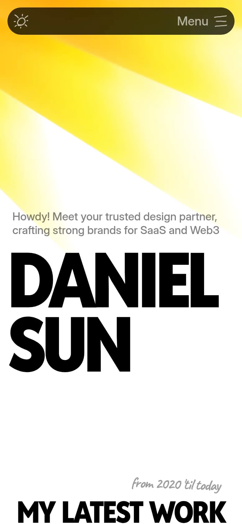 Daniel Sun — mobile screenshot of a hand-drawn design portfolio site in orange and yellow