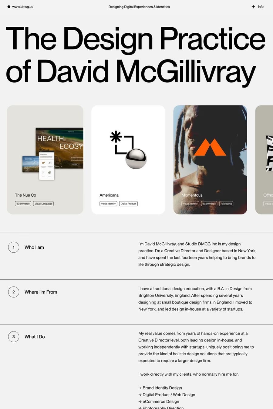 David McGillivray — screenshot of a design portfolio site in grey, with big type and line work