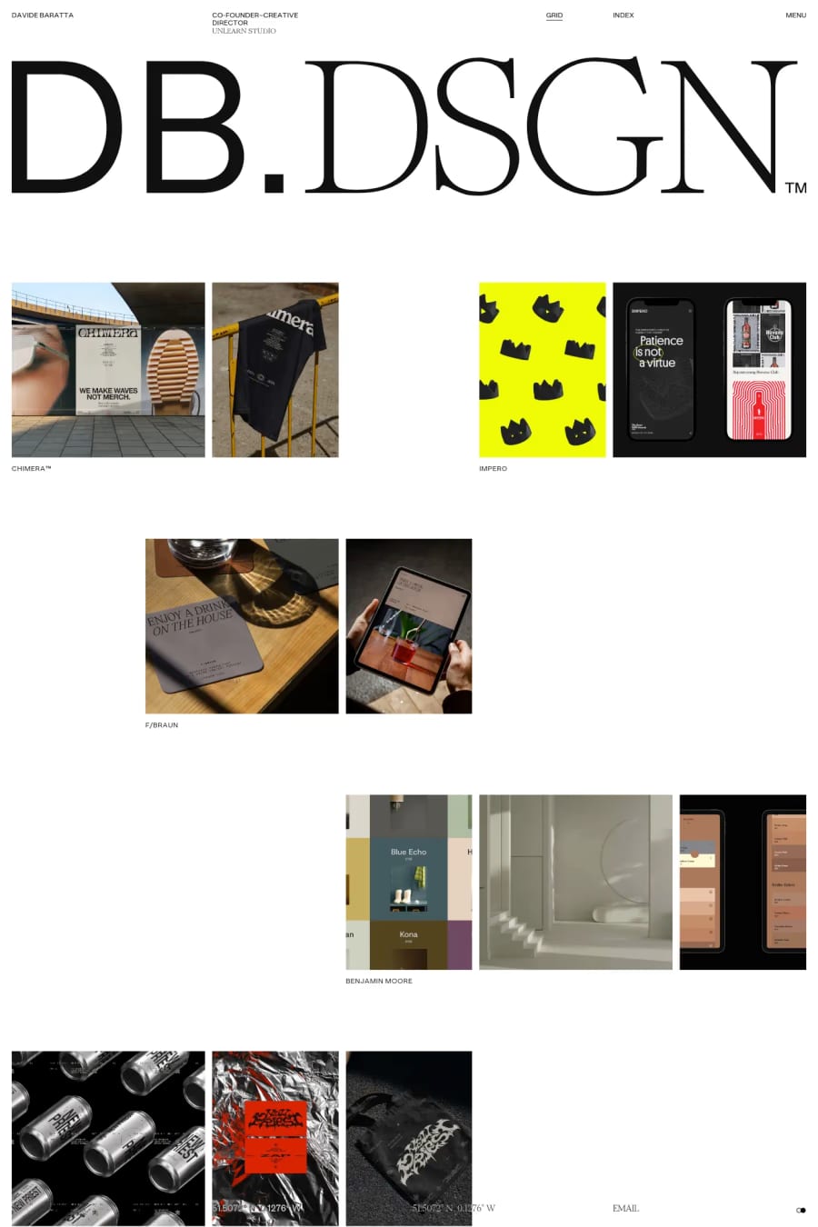 Davide Baratta — screenshot of a minimal, black-and-white design portfolio site in white