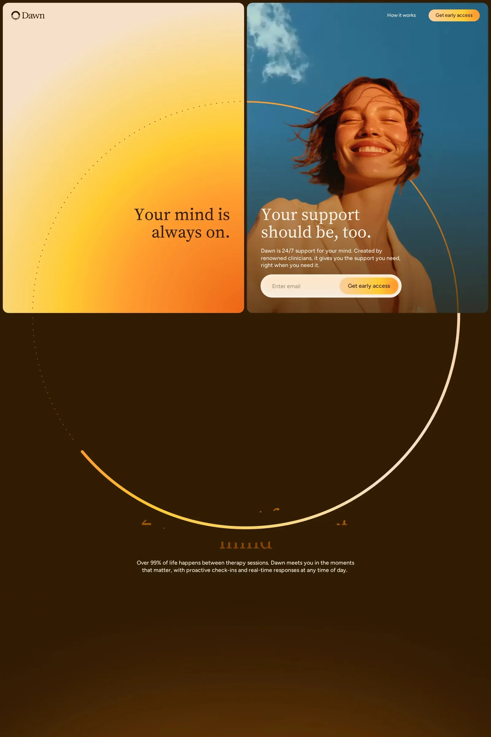 Dawn — screenshot of a boxy, elegant AI waitlist page in yellow and orange