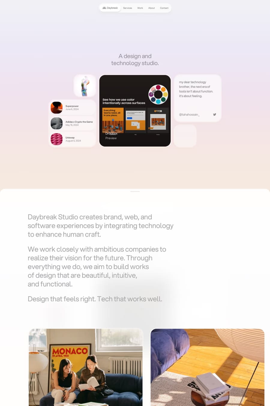 Daybreak Studio — screenshot of a design agency site in light purple and light orange, with gradients and a bento grid