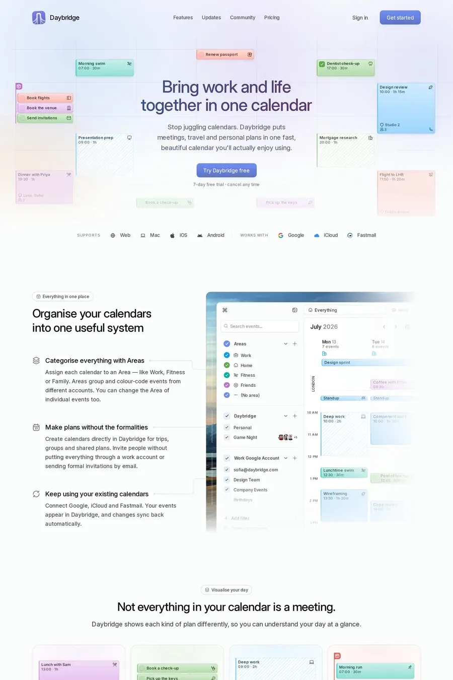 Daybridge — screenshot of a pastel, multi-coloured productivity landing page in light blue and light purple