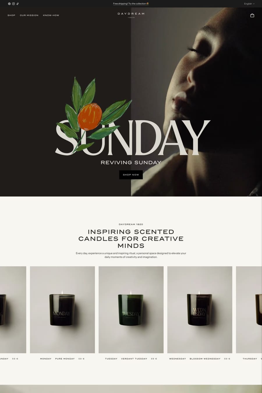 Daydream 1820 — screenshot of a minimal homeware online shop in dark brown and white