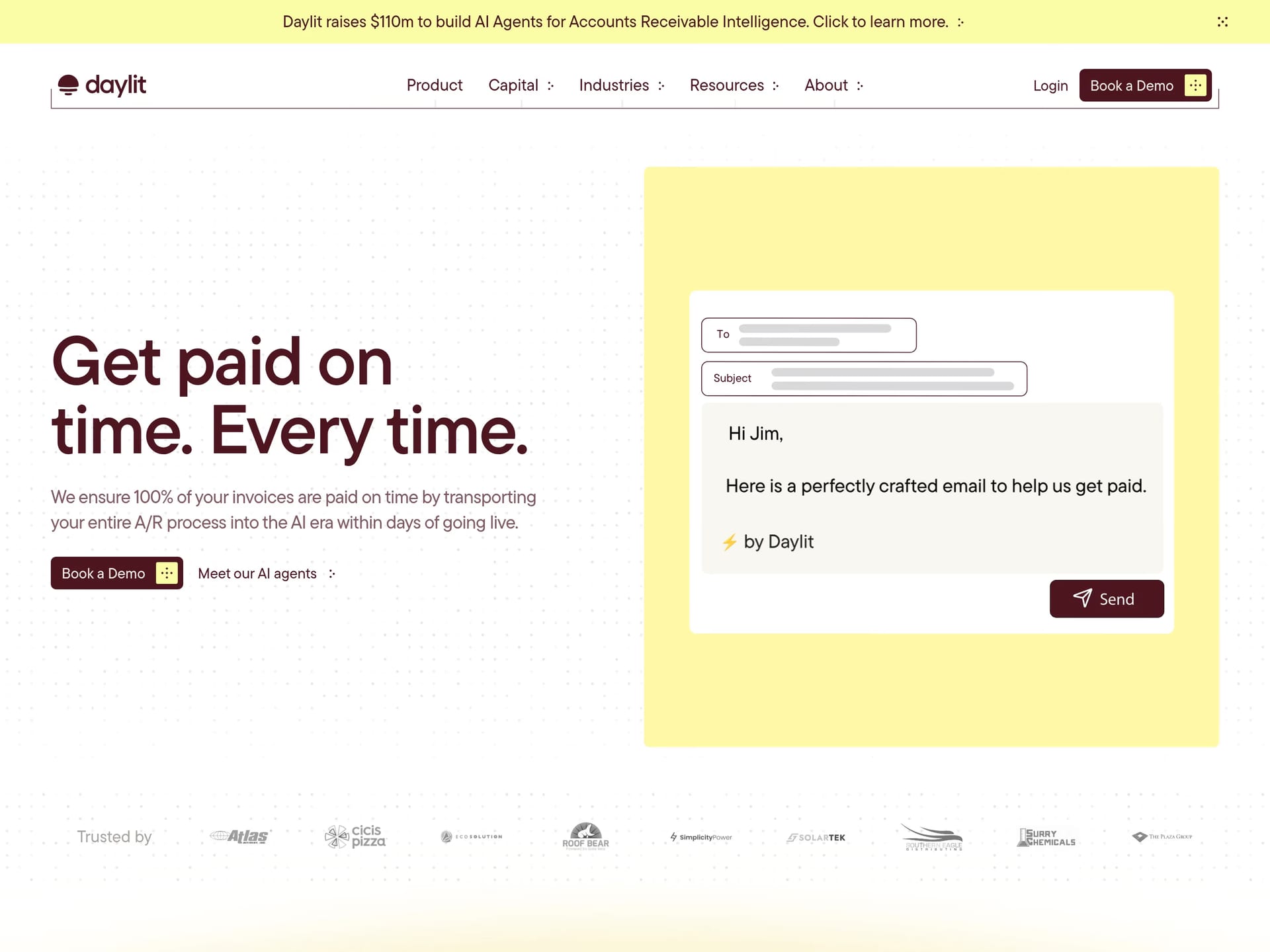 Daylit — screenshot of a light, pixelated finance landing page in white and light grey