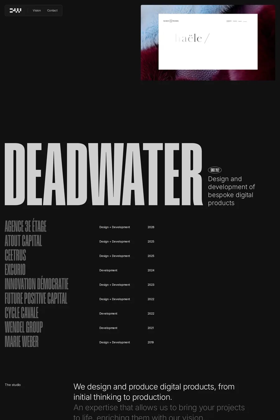 Deadwater — screenshot of a dark, typographic design agency site in black and white