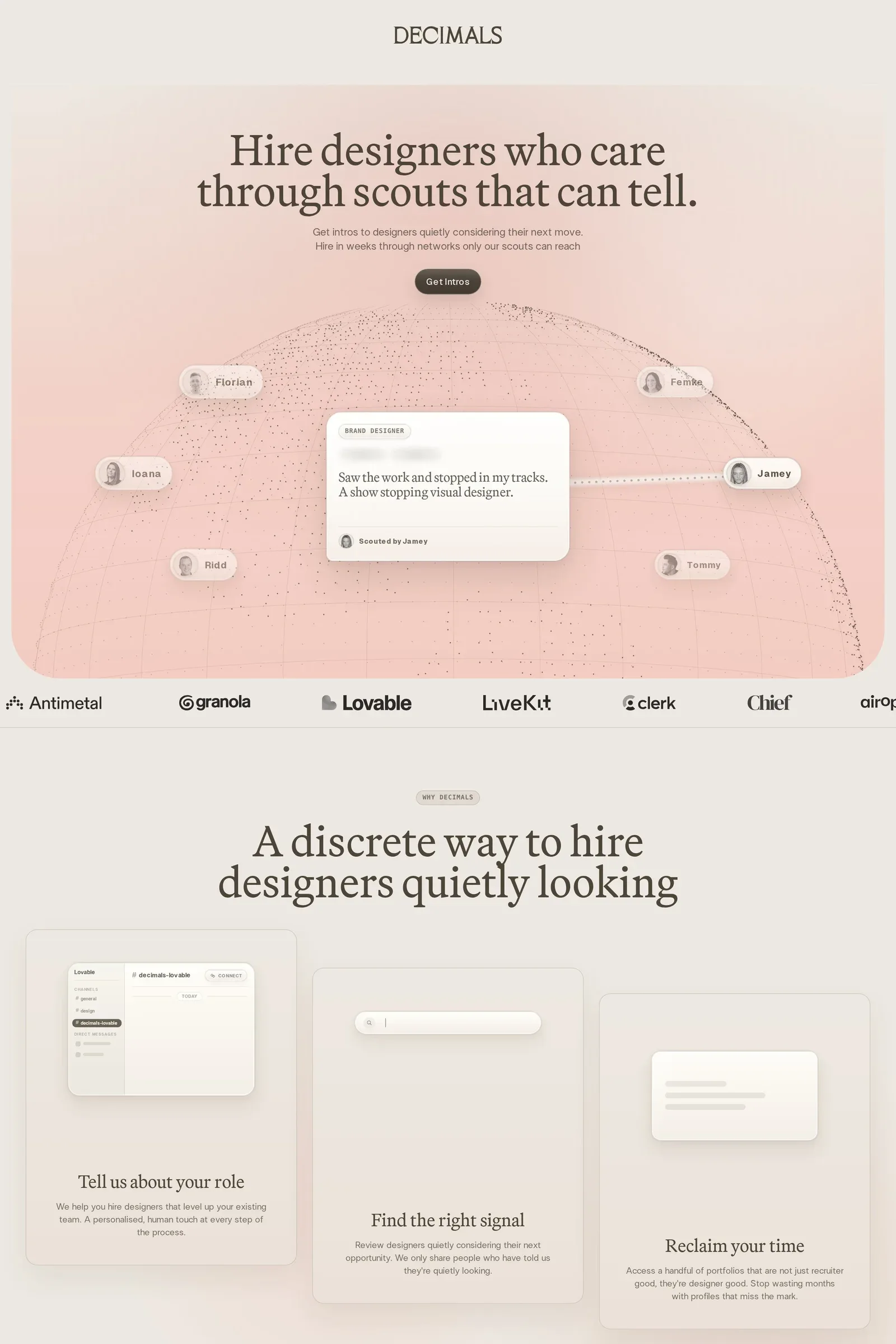 Decimals — screenshot of an elegant, neutral design agency site in light pink and beige