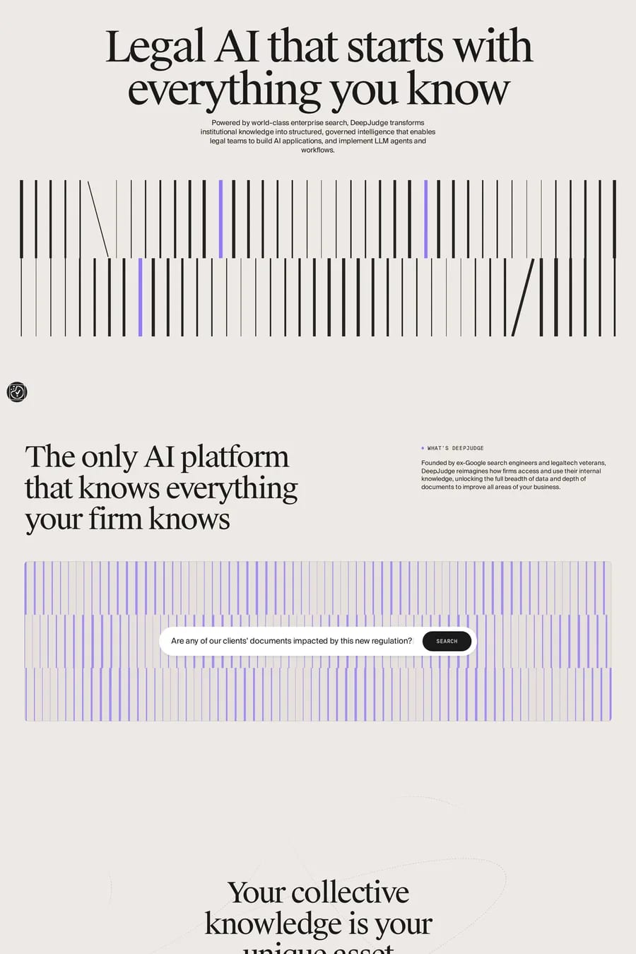 DeepJudge — screenshot of an AI landing page in grey and purple, with serif type and patterns