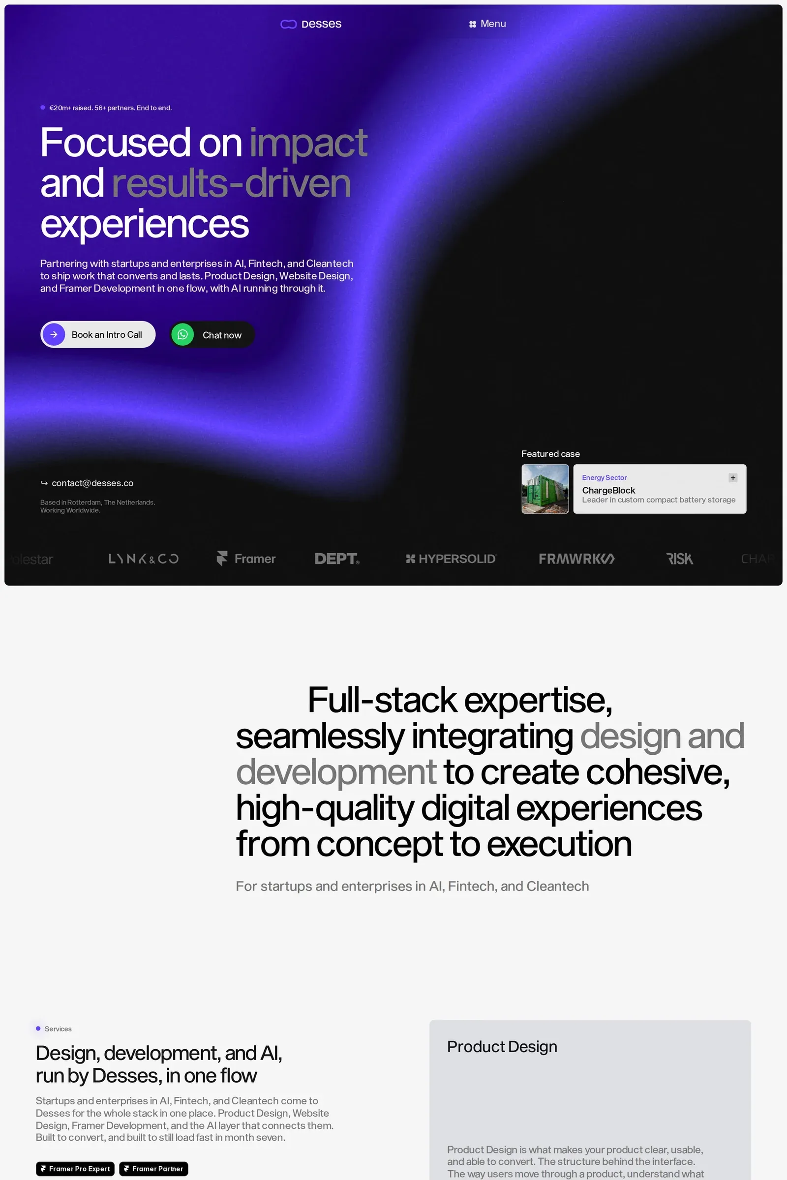 Desses — screenshot of a typographic, light design agency site in light grey and white