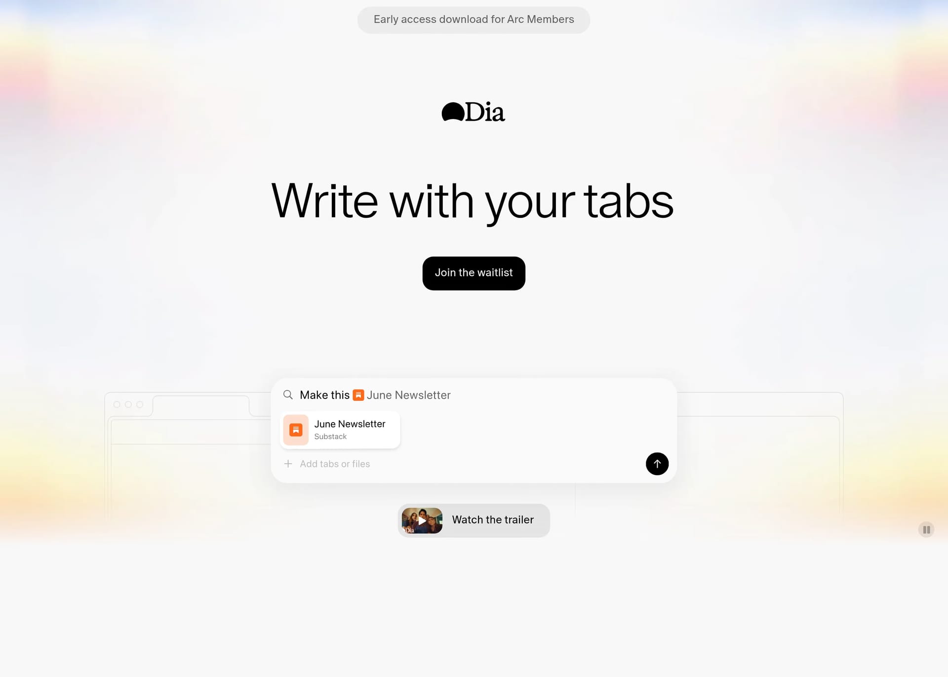 Dia — screenshot of a colourful software landing page in light grey and light orange