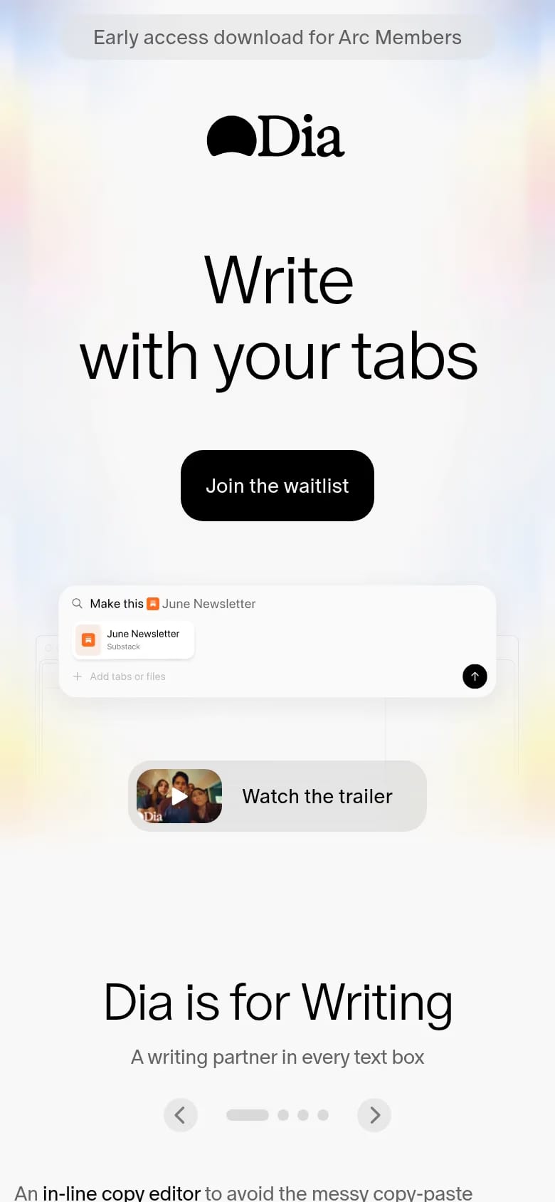 Dia — mobile screenshot of a colourful software landing page in light grey and light orange