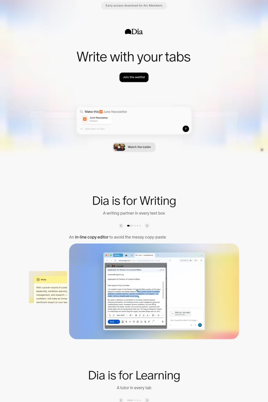 Dia — screenshot of a colourful software landing page in light grey and light orange