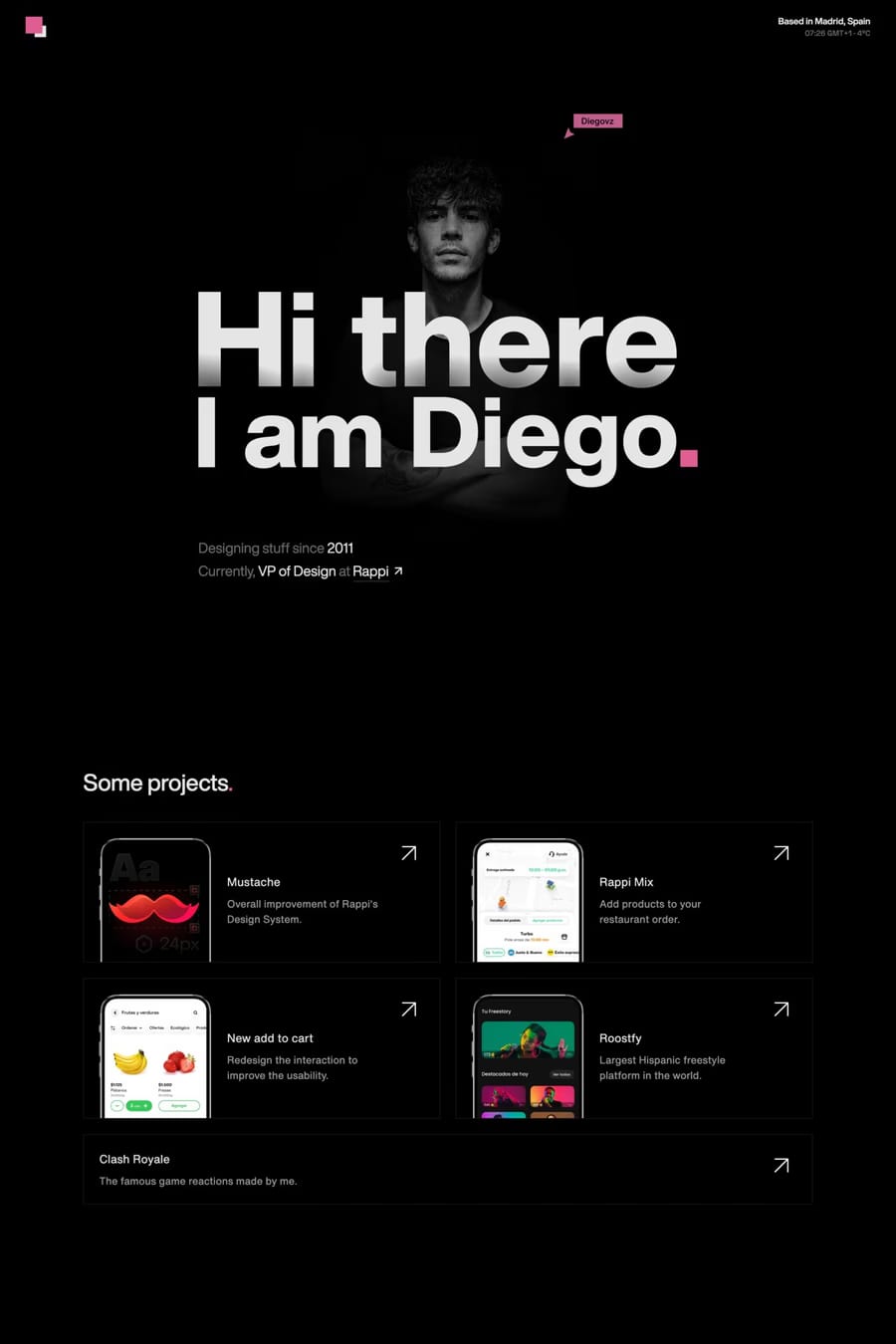 Diegovz — screenshot of a minimal, dark design portfolio site in black and pink
