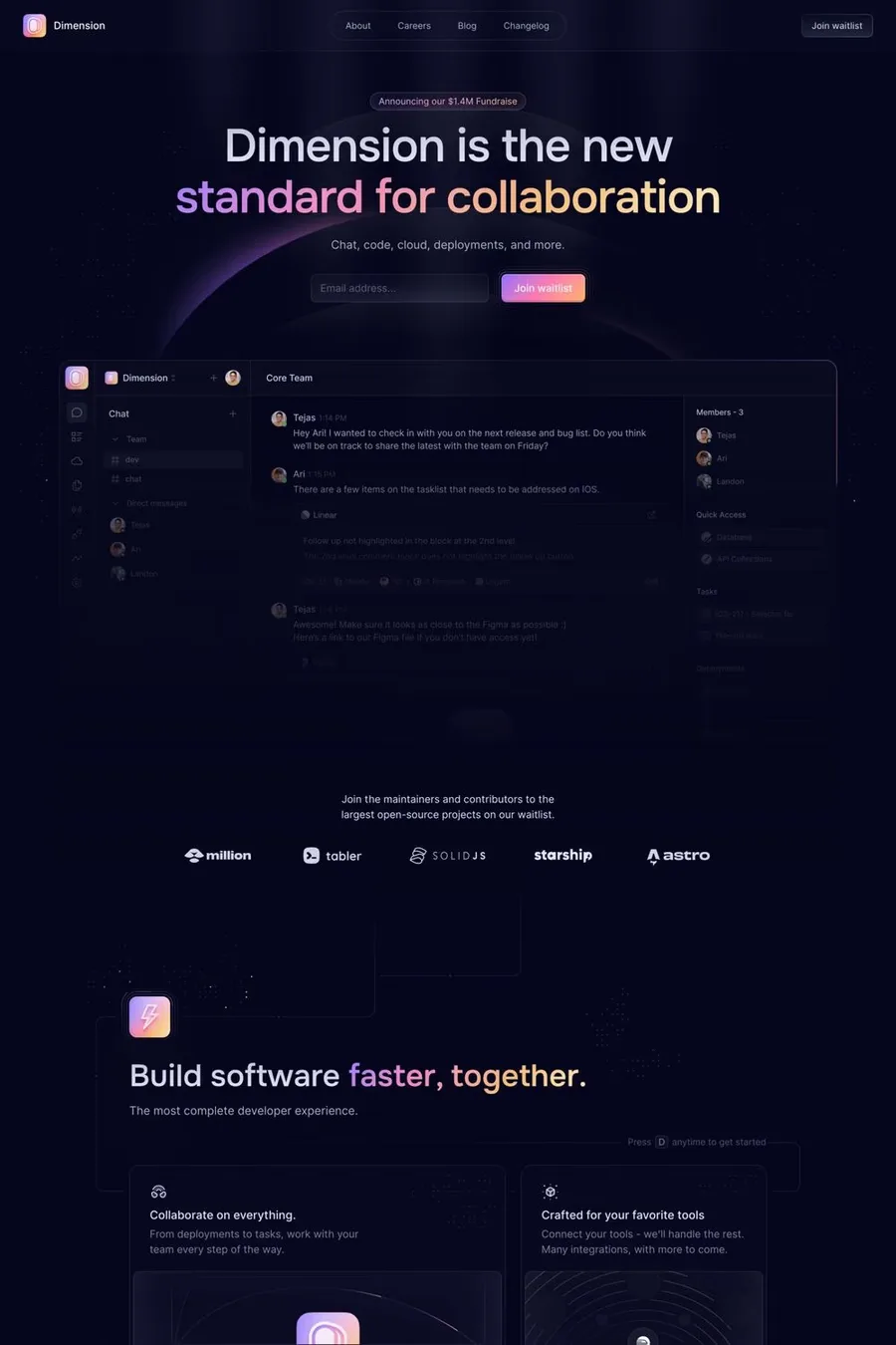 Dimension — screenshot of a detailed, dark development landing page in dark blue and pink