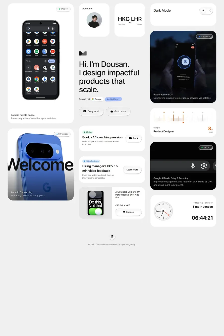 Dousan Miao — screenshot of a minimal, light design portfolio site in light grey and white