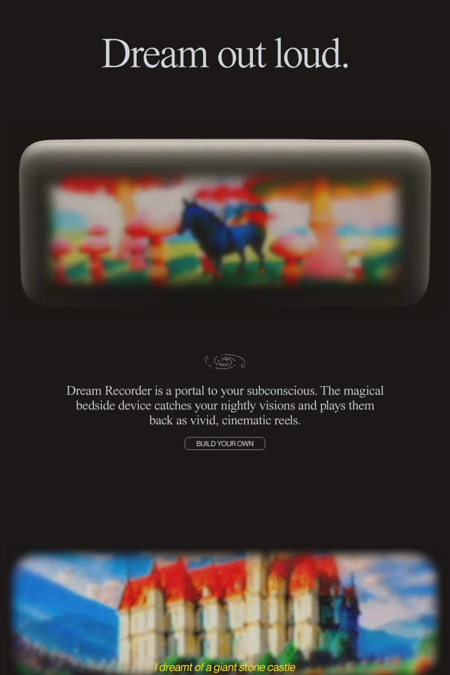 Dream Recorder — screenshot of a 3D homeware landing page in black
