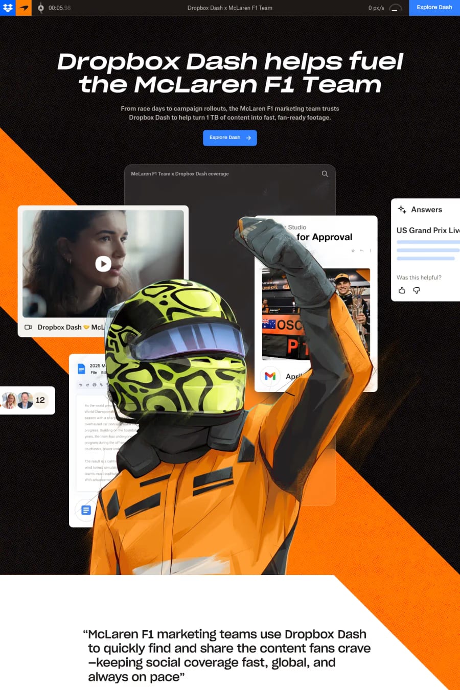 Dropbox Dash × McLaren F1 — screenshot of a detailed, hand-drawn transport landing page in black and orange