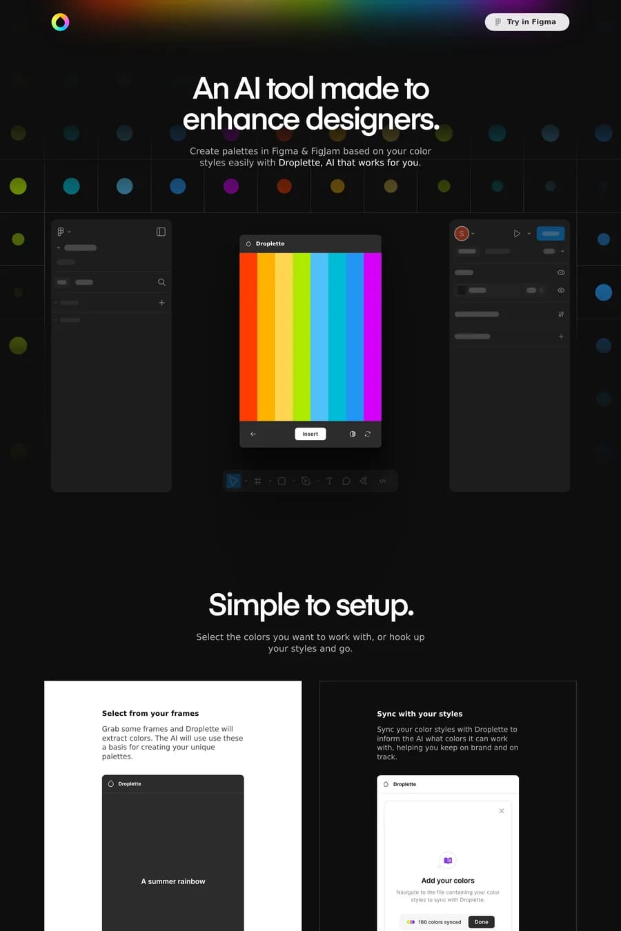 Droplette — screenshot of a colourful, dark design landing page in black
