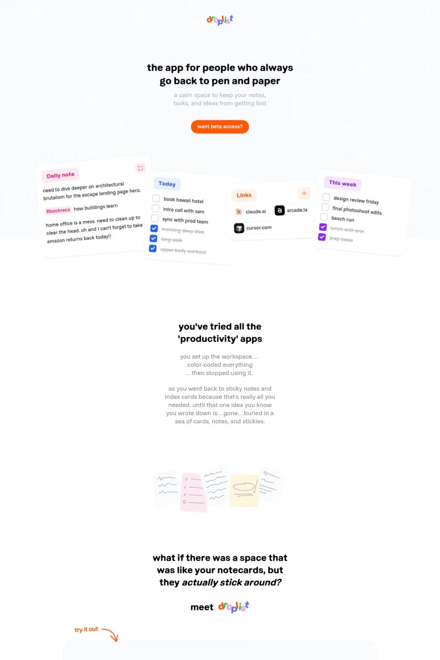 Droplist — landing website screenshot