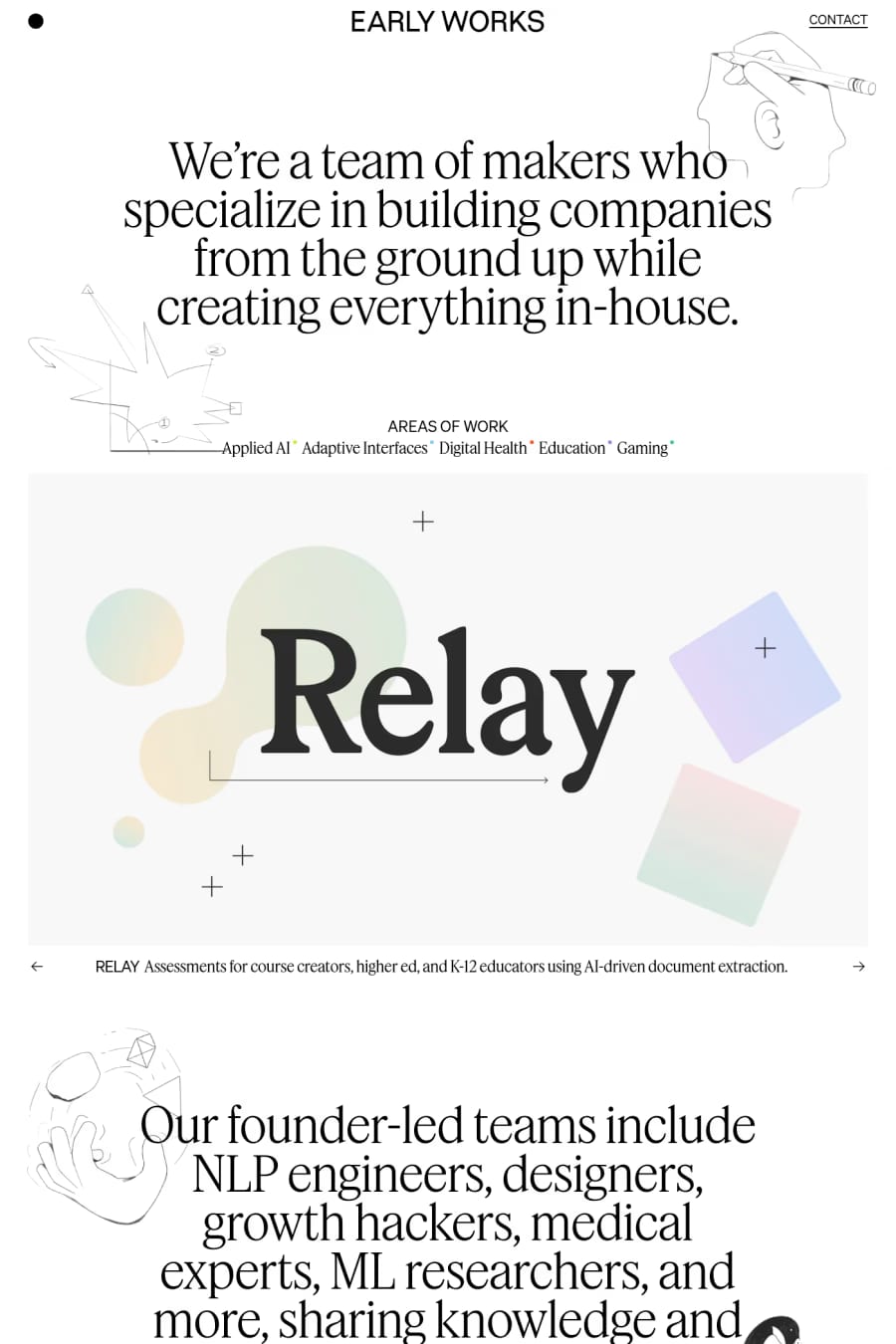 Early Works — screenshot of a hand-drawn business agency site in black and white