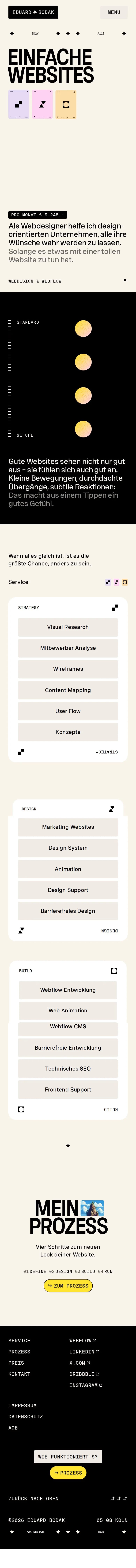 Eduard Bodak — mobile screenshot of a design portfolio site in beige and yellow, with monospaced type and sans-serif type