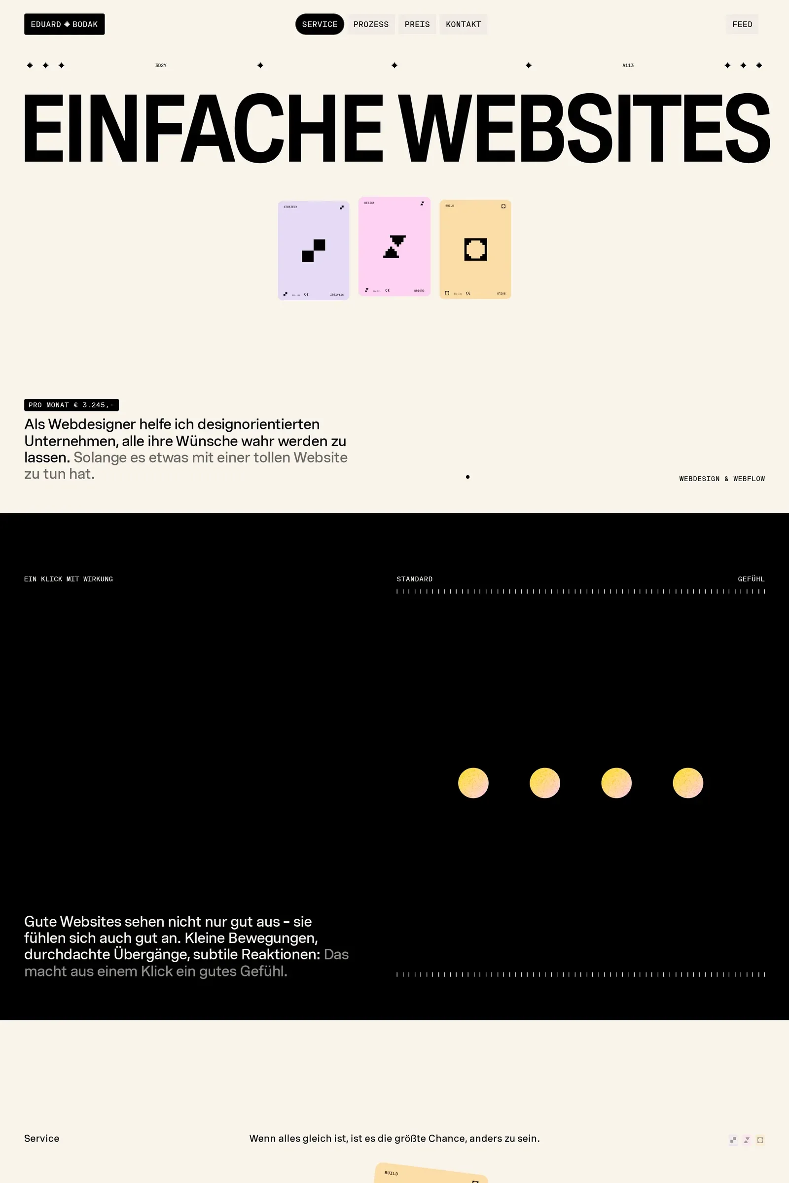 Eduard Bodak — screenshot of a design portfolio site in beige and yellow, with monospaced type and sans-serif type