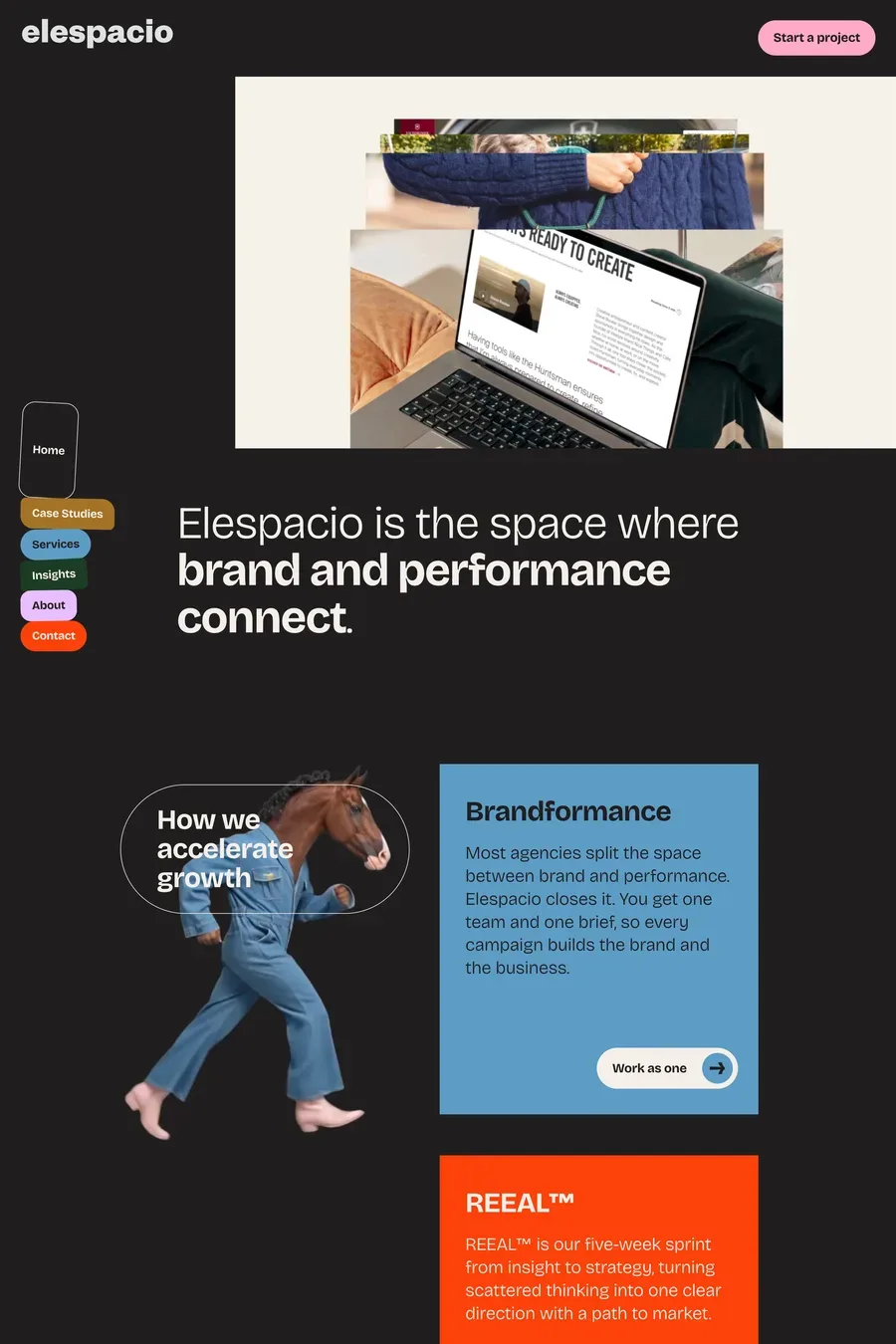 Elespacio — screenshot of a dark, multi-coloured marketing agency site in black and light pink