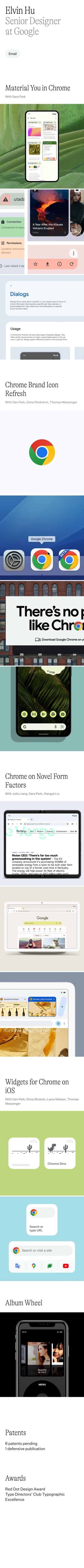 Elvin Hu — mobile screenshot of a minimal design portfolio site in white