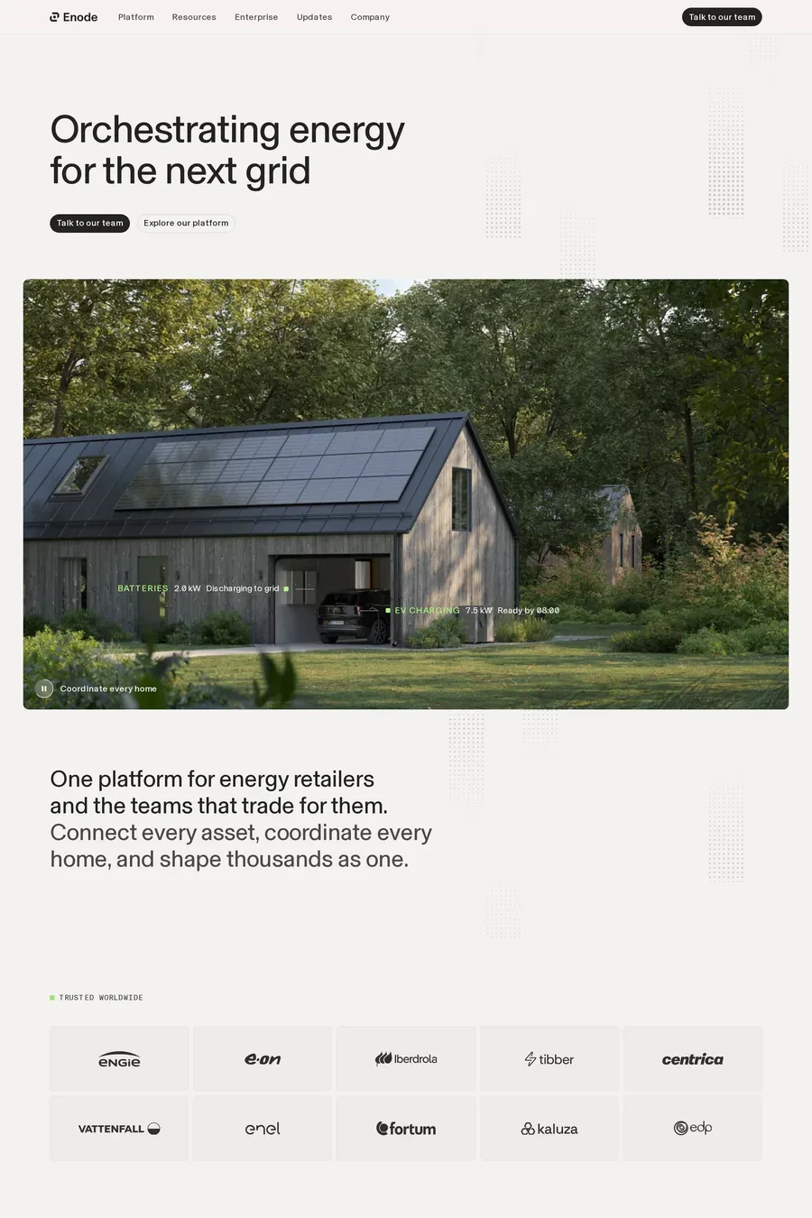 Enode — screenshot of a neutral, isometric energy landing page in light grey and beige