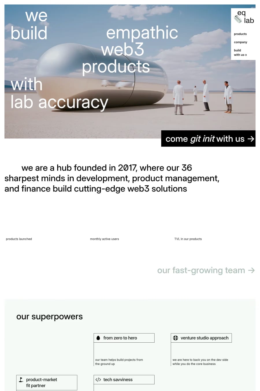 EQ Lab — screenshot of a minimal Web3 and crypto agency site in white and light grey