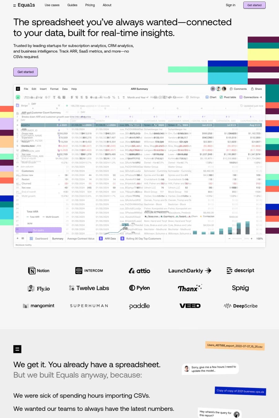 Equals — screenshot of a colourful software landing page in light grey and light purple