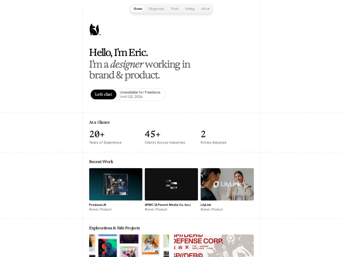 Eric Sin — screenshot of a minimal, black-and-white design portfolio site in white and black