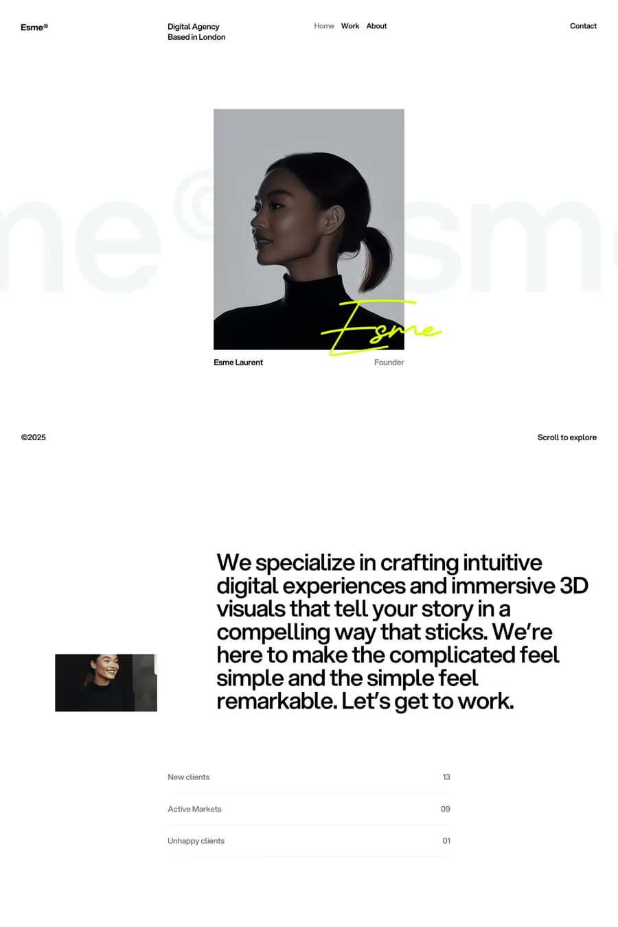 Esme — screenshot of a minimal, typographic design agency template in white and light green
