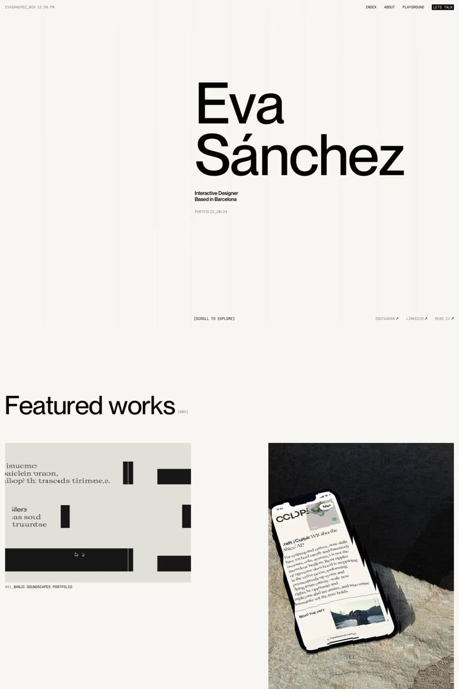 Eva Sánchez — screenshot of a monochrome design portfolio site in beige and black