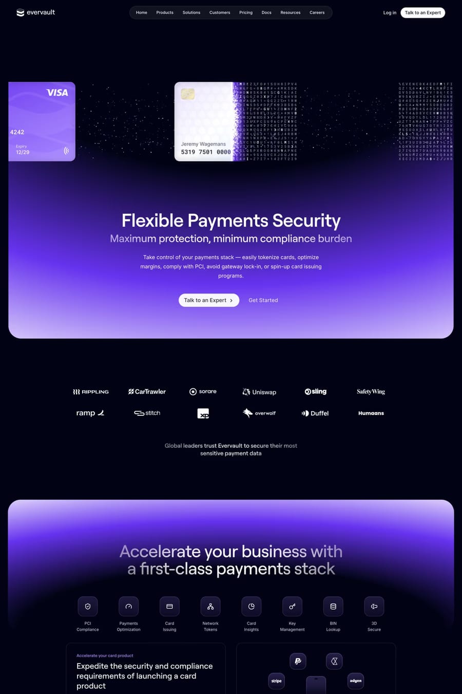 Evervault — screenshot of a clean, detailed security landing page in purple and blue