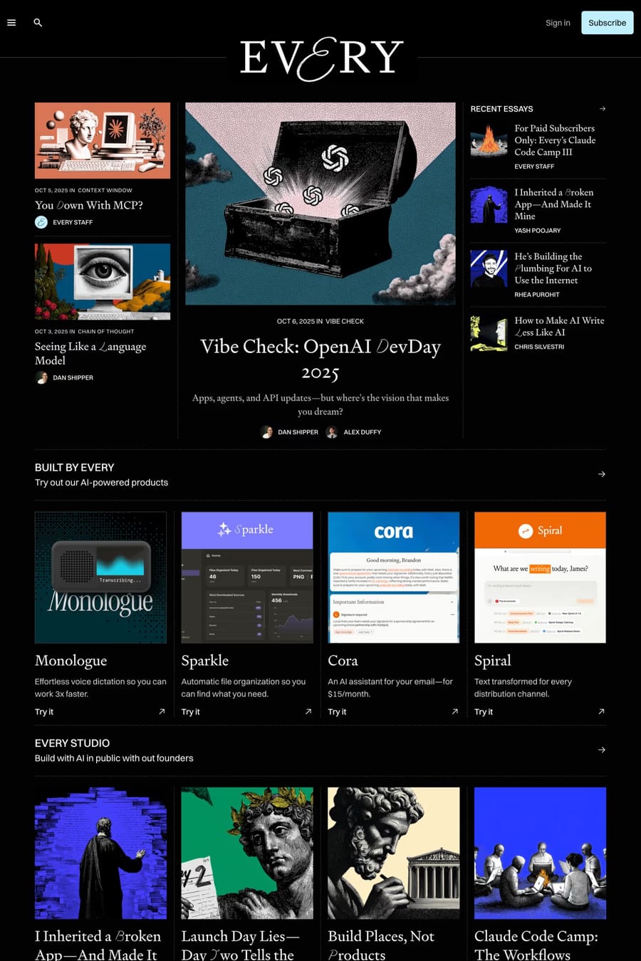 Every — screenshot of a dark, hand-drawn technology blog in black and light blue