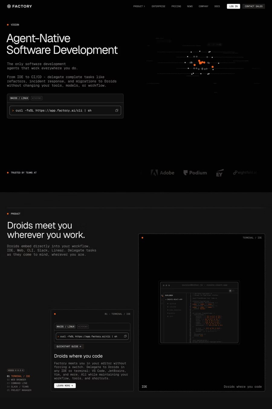 Factory — screenshot of an AI landing page in black and dark grey