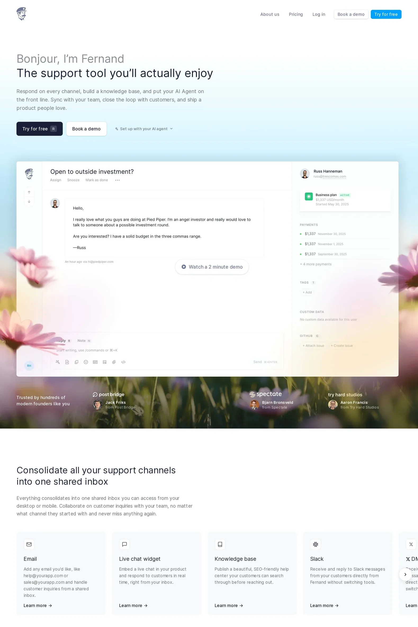Fernand — screenshot of a light, clean software landing page in white and light blue