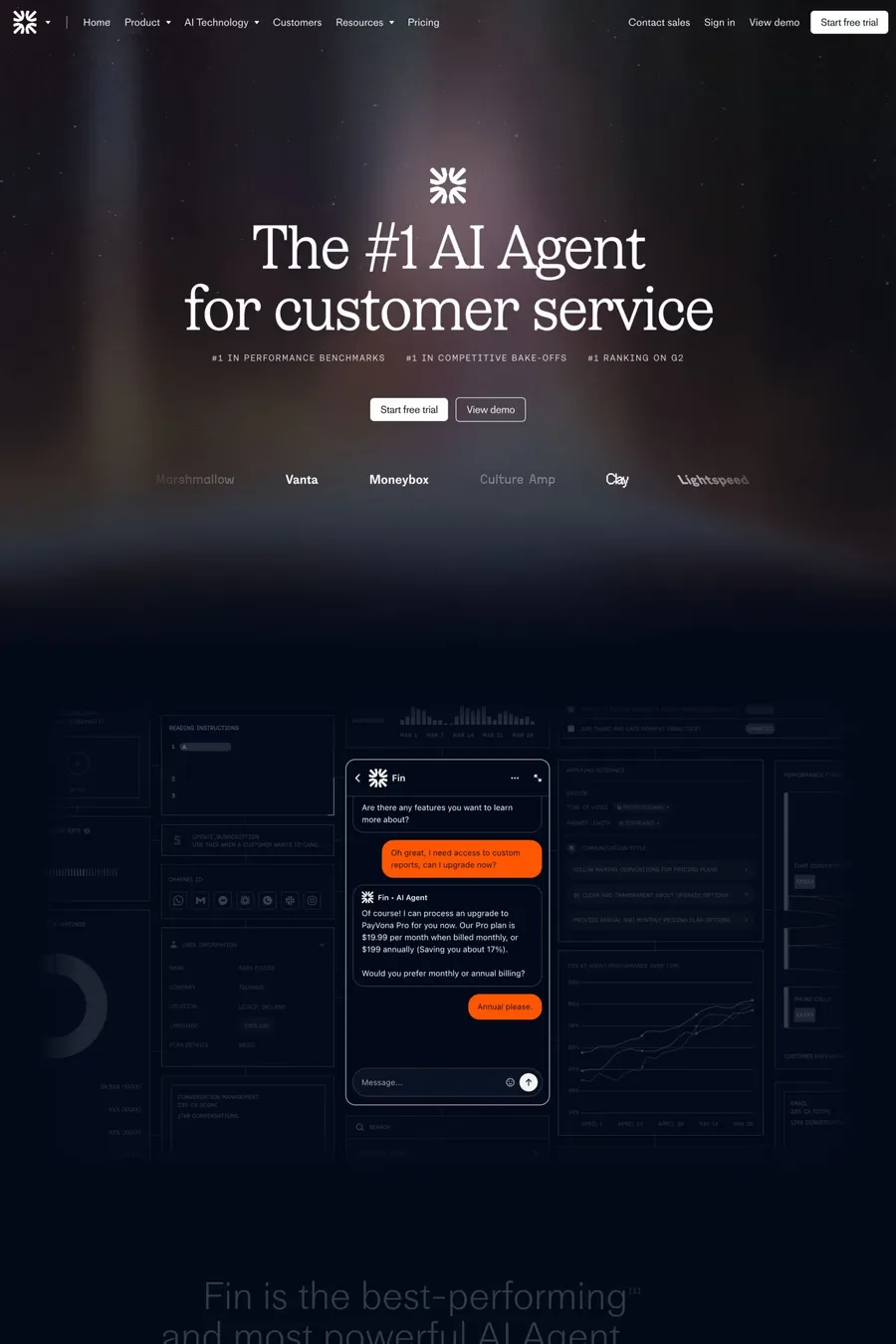 Fin — screenshot of a detailed, typographic AI landing page in dark blue and orange