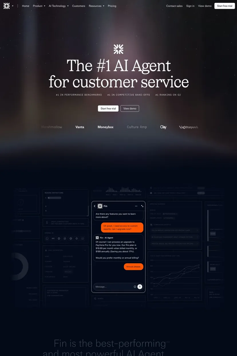 Fin — screenshot of a detailed, typographic AI landing page in dark blue and orange